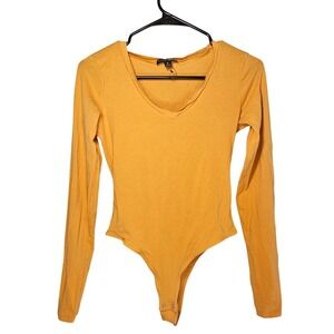 Fashion Nova Womens Mustard Yellow V-Neck Long Sleeve Bodysuit Small Bodycon